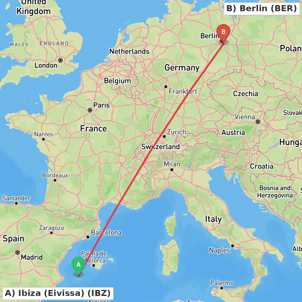 Flight route map from Ibiza (Eivissa) to Berlin