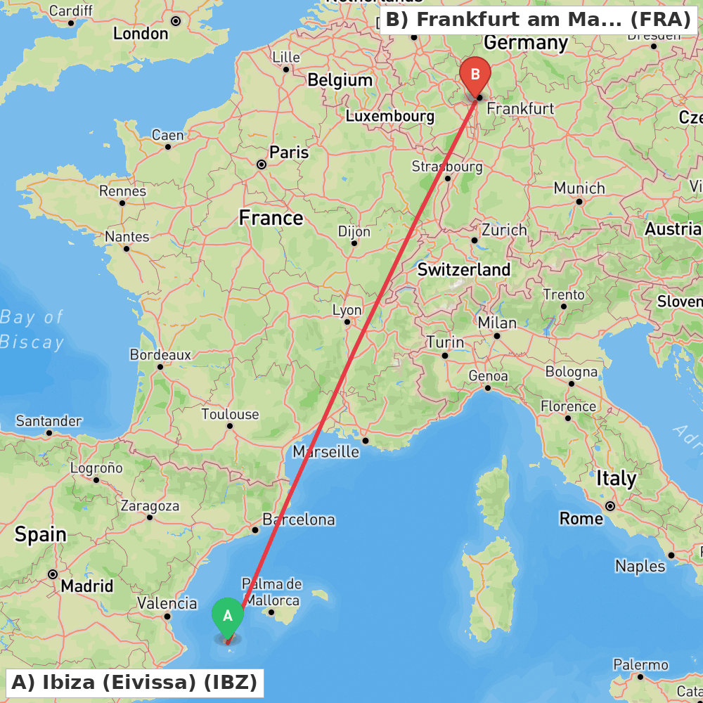 Flight route map from Ibiza (Eivissa) to Frankfurt am Main