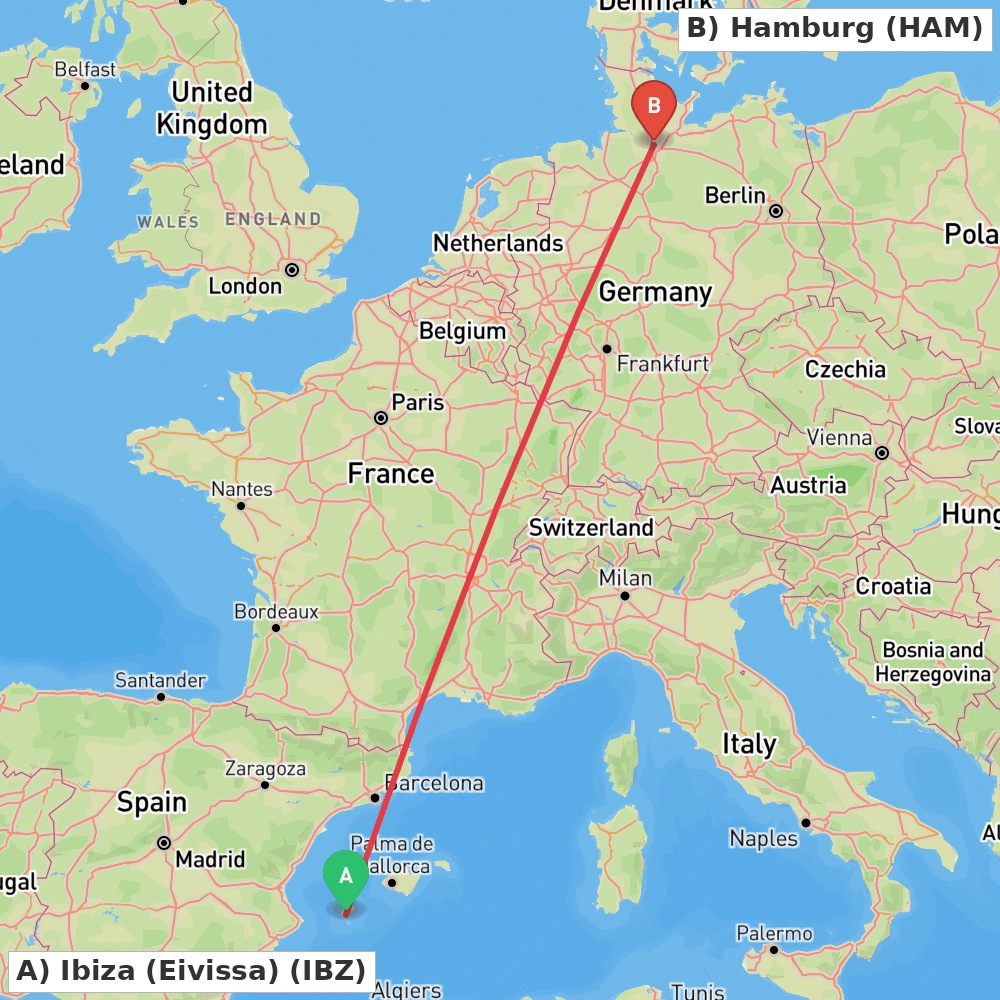 Flight route map from Ibiza (Eivissa) to Hamburg