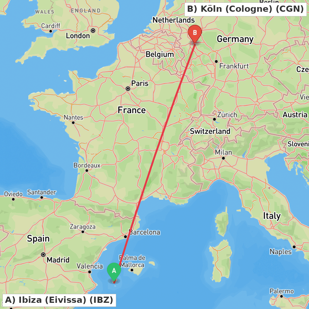Flight route map from Ibiza (Eivissa) to Köln (Cologne)