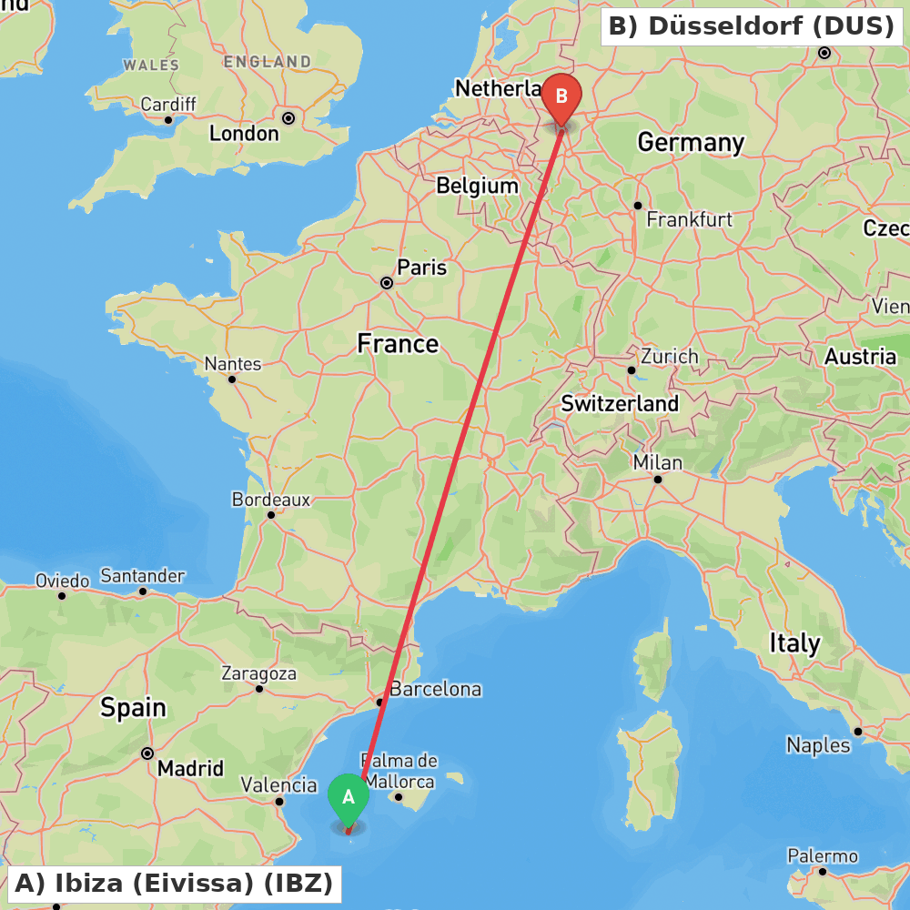 Flight route map from Ibiza (Eivissa) to Düsseldorf