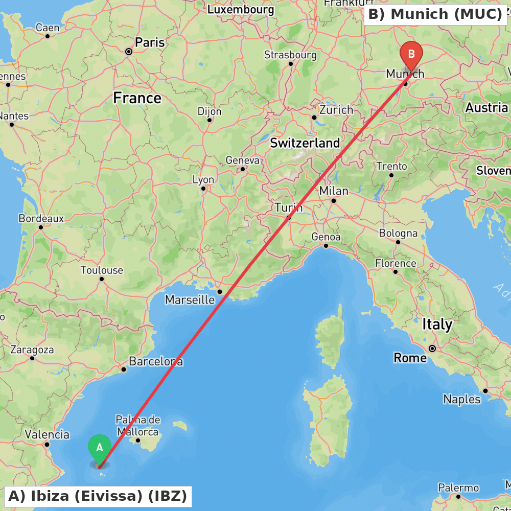 Flight route map from Ibiza (Eivissa) to Munich