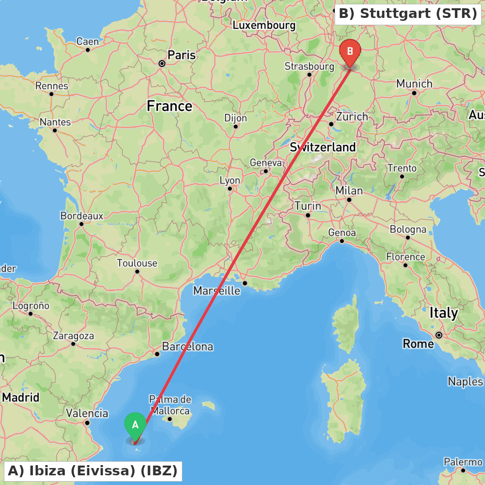 Flight route map from Ibiza (Eivissa) to Stuttgart