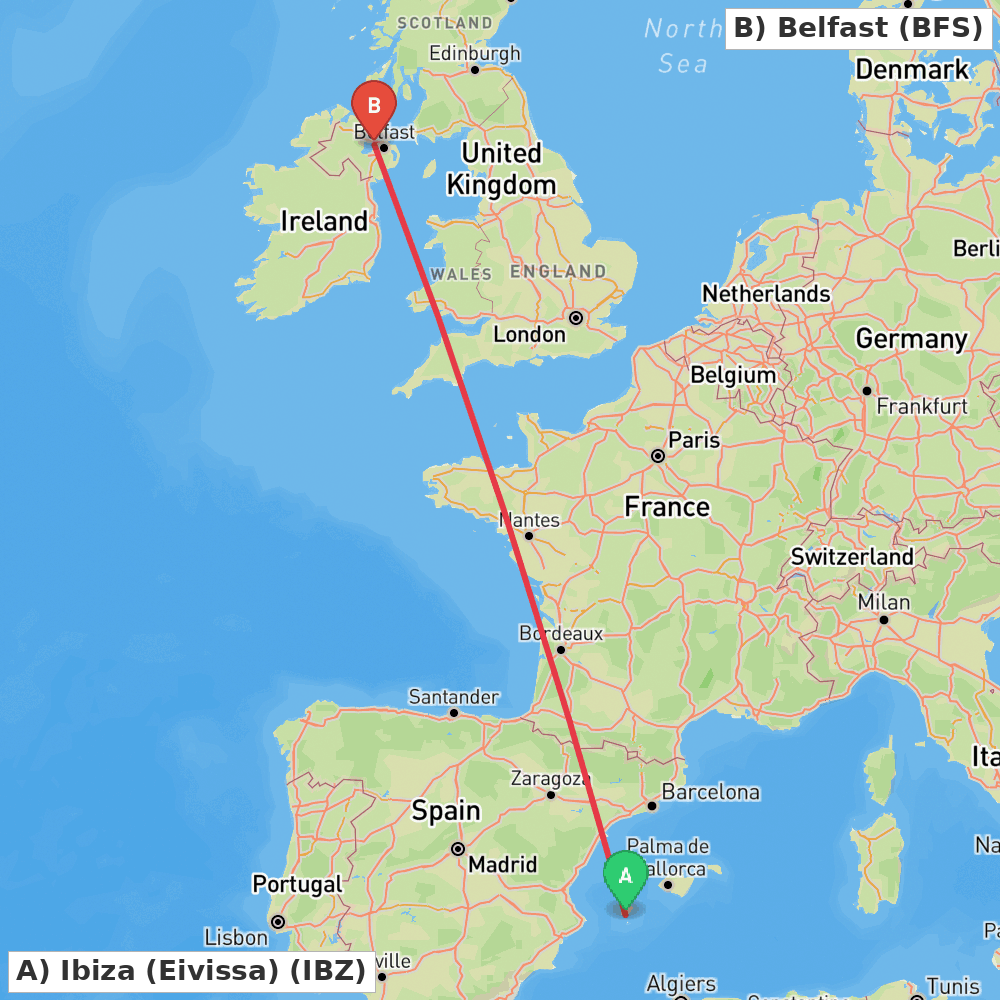 Flight route map from Ibiza (Eivissa) to Belfast