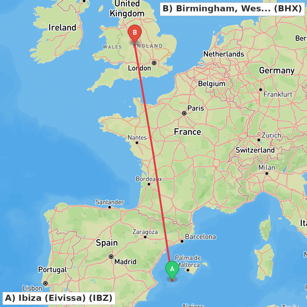 Flight route map from Ibiza (Eivissa) to Birmingham, West Midlands