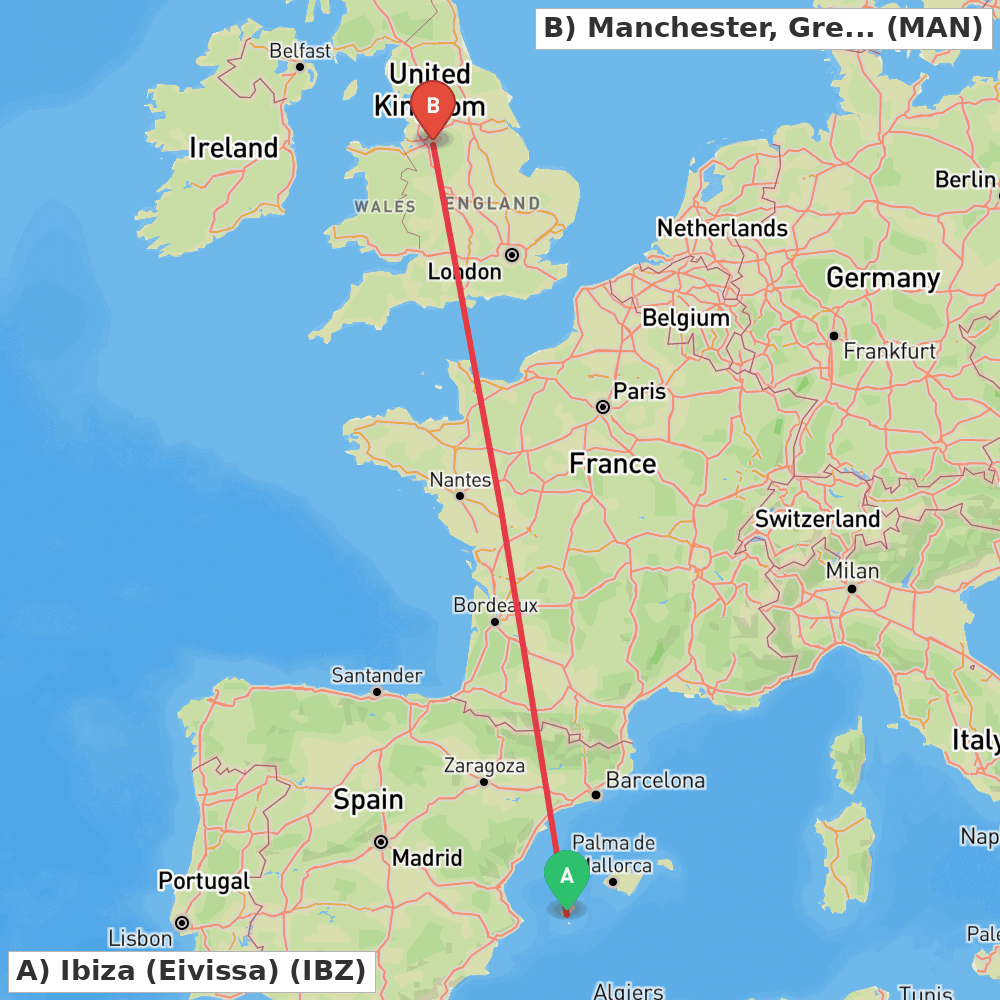 Flight route map from Ibiza (Eivissa) to Manchester, Greater Manchester