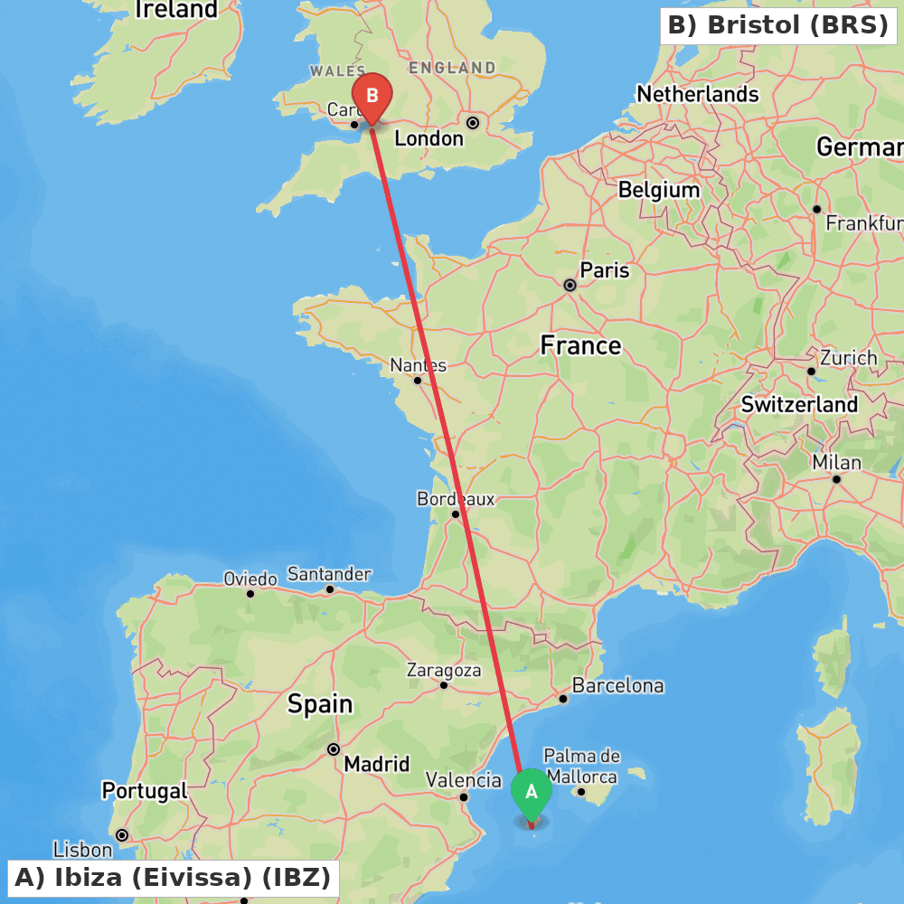 Flight route map from Ibiza (Eivissa) to Bristol