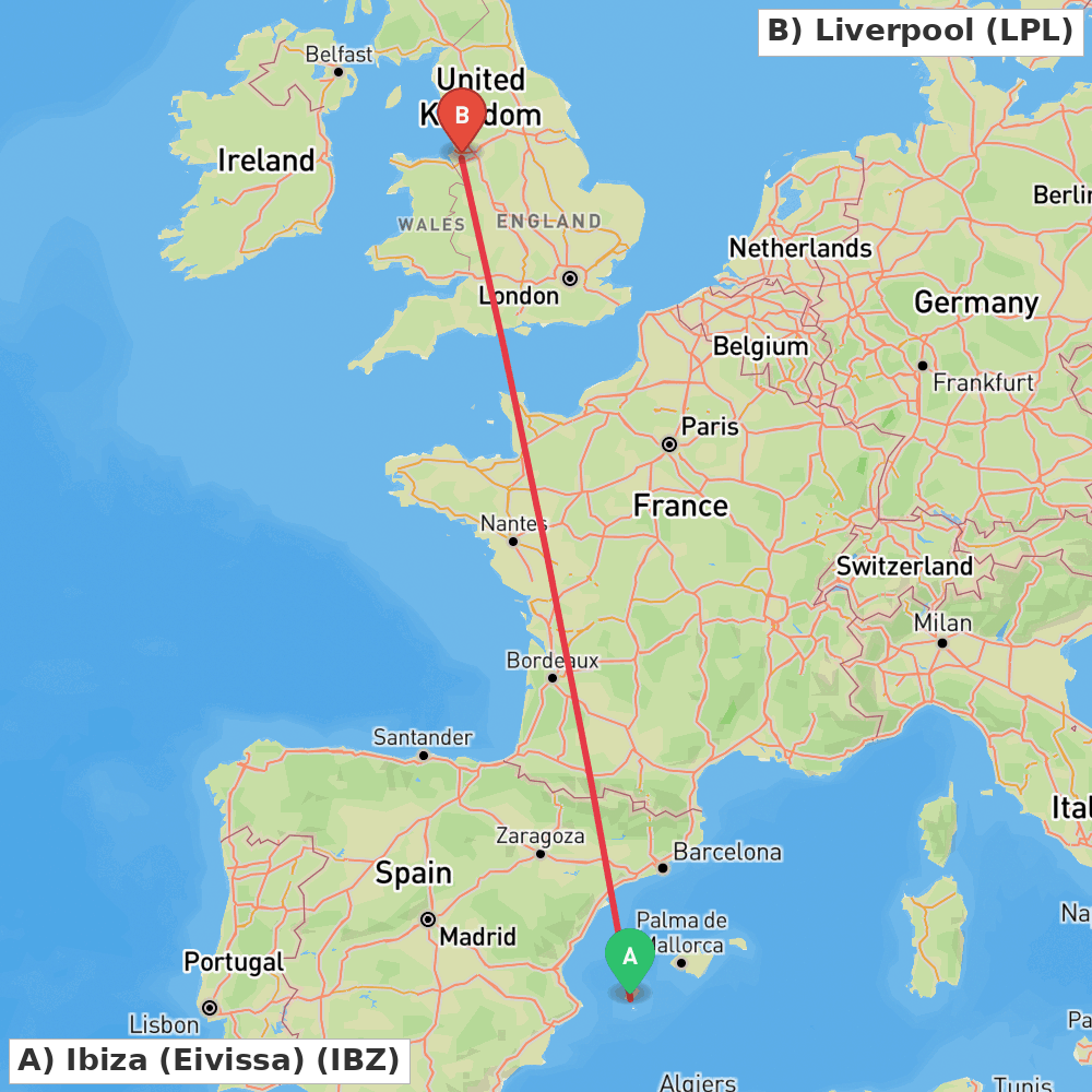Flight route map from Ibiza (Eivissa) to Liverpool