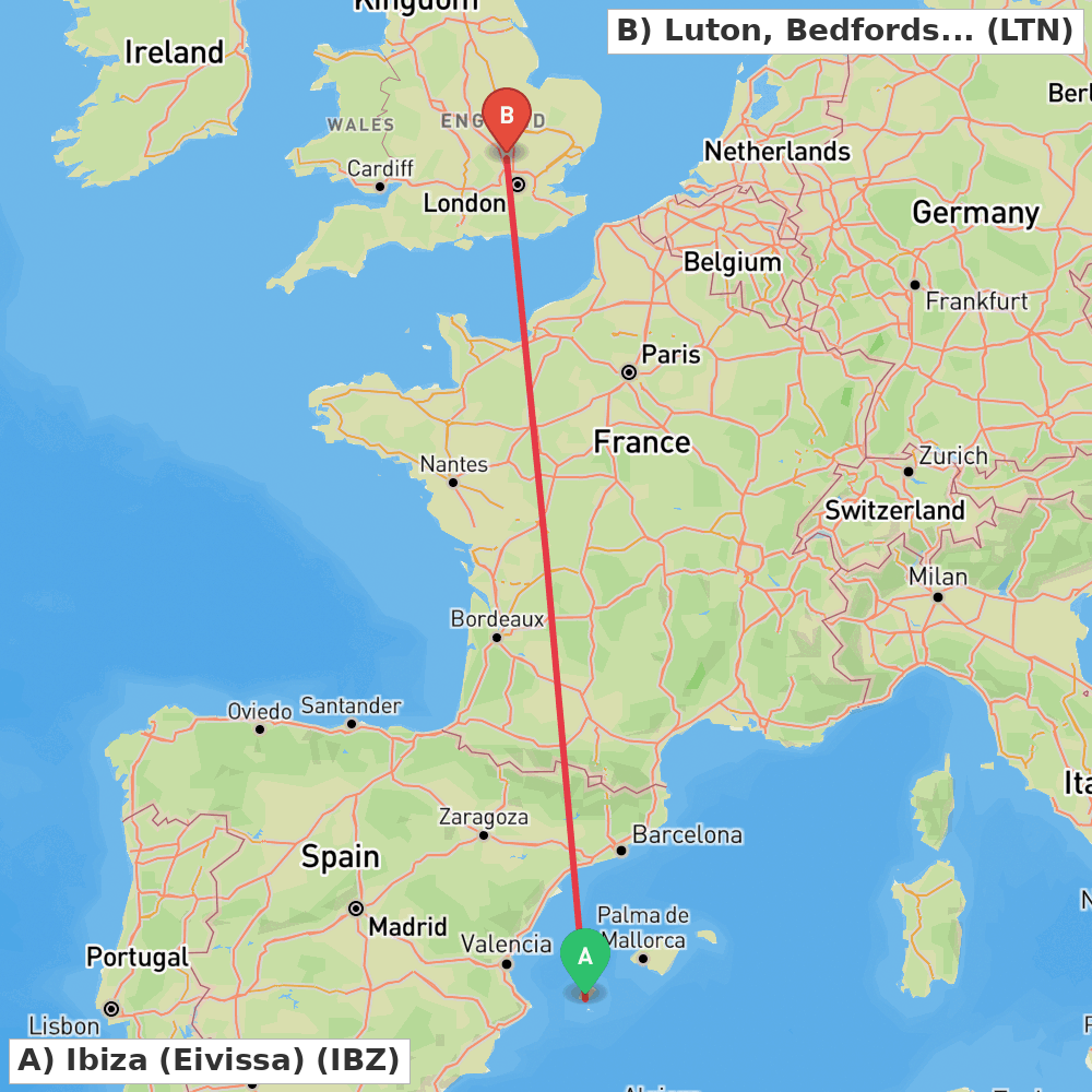 Flight route map from Ibiza (Eivissa) to Luton, Bedfordshire