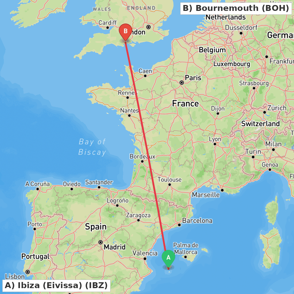Flight route map from Ibiza (Eivissa) to Bournemouth