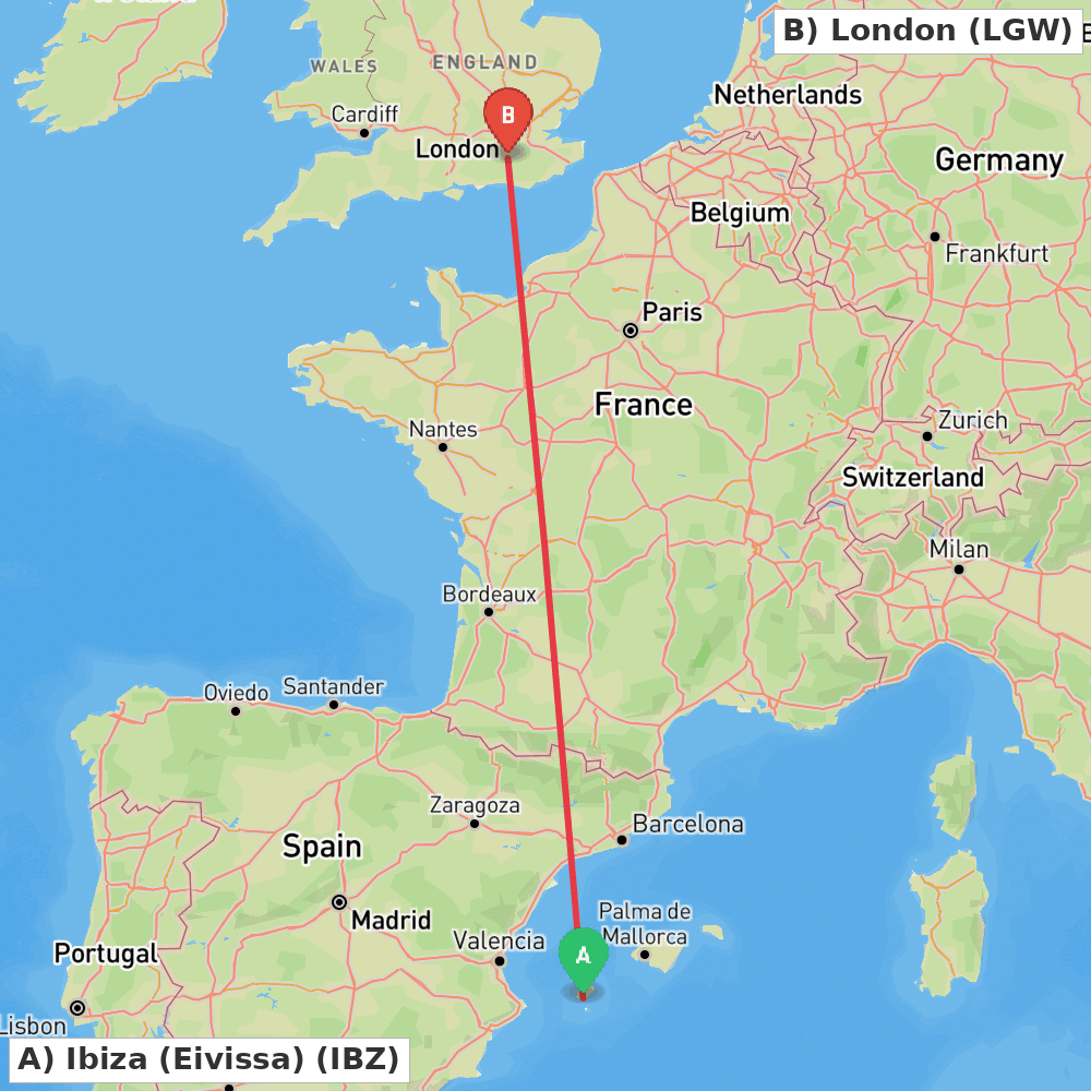 Flight route map from Ibiza (Eivissa) to London