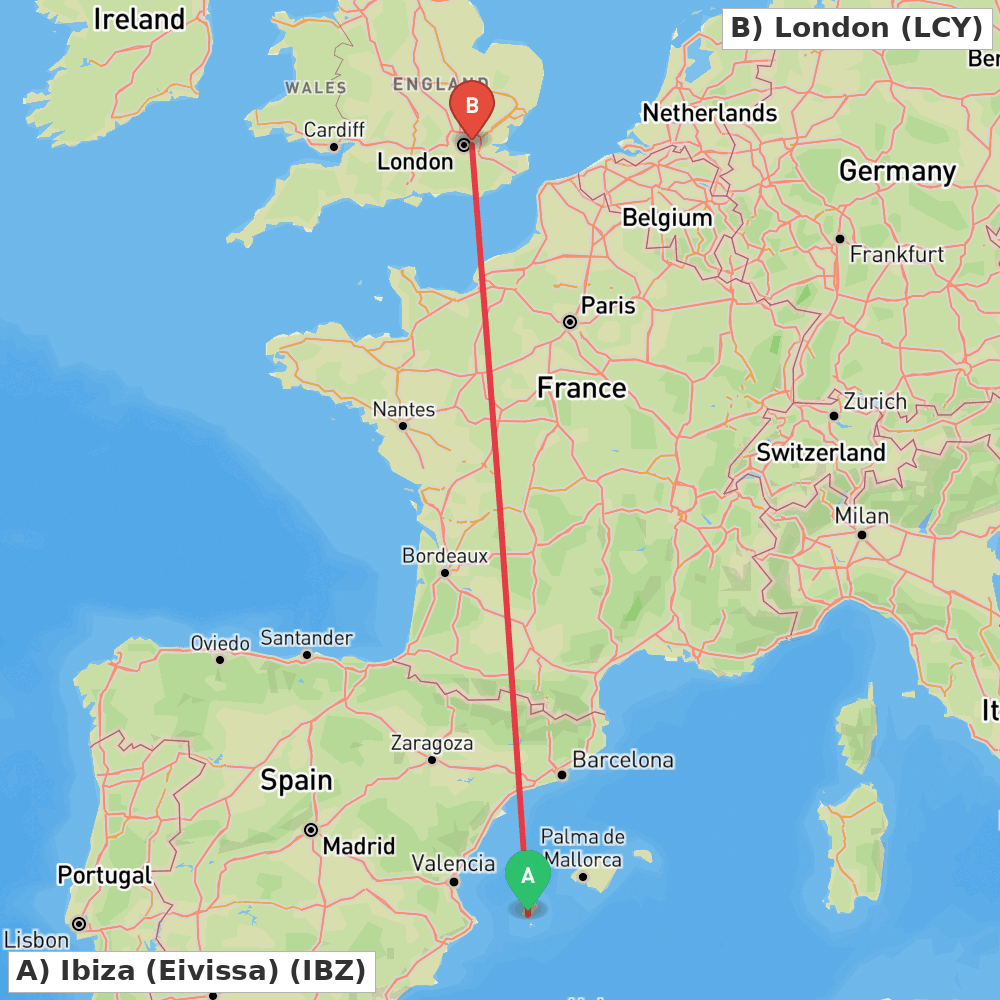 Flight route map from Ibiza (Eivissa) to London