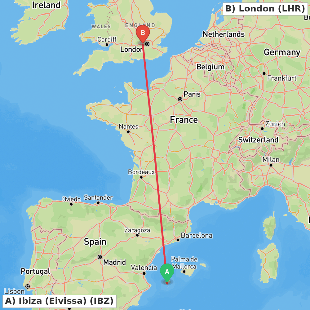 Flight route map from Ibiza (Eivissa) to London