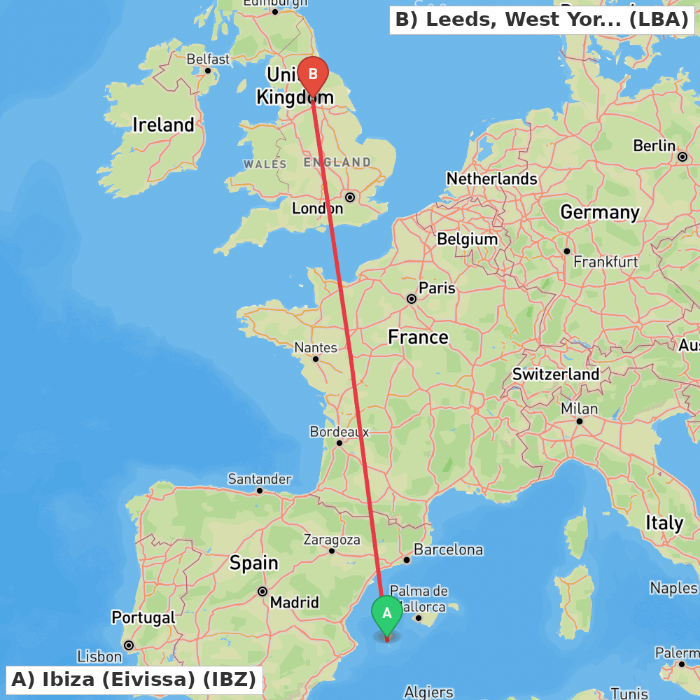 Flight route map from Ibiza (Eivissa) to Leeds, West Yorkshire