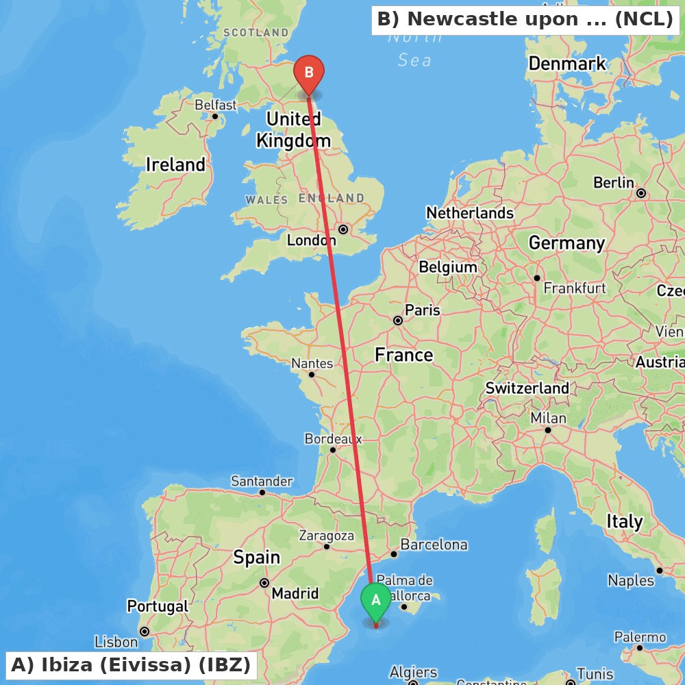 Flight route map from Ibiza (Eivissa) to Newcastle upon Tyne, Tyne and Wear