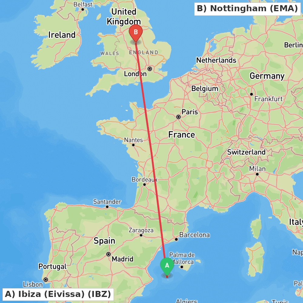 Flight route map from Ibiza (Eivissa) to Nottingham