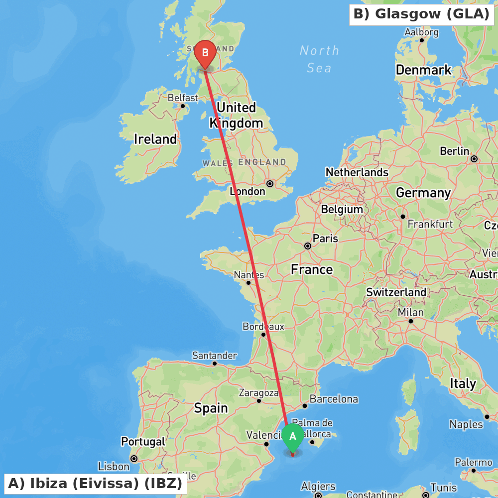 Flight route map from Ibiza (Eivissa) to Glasgow
