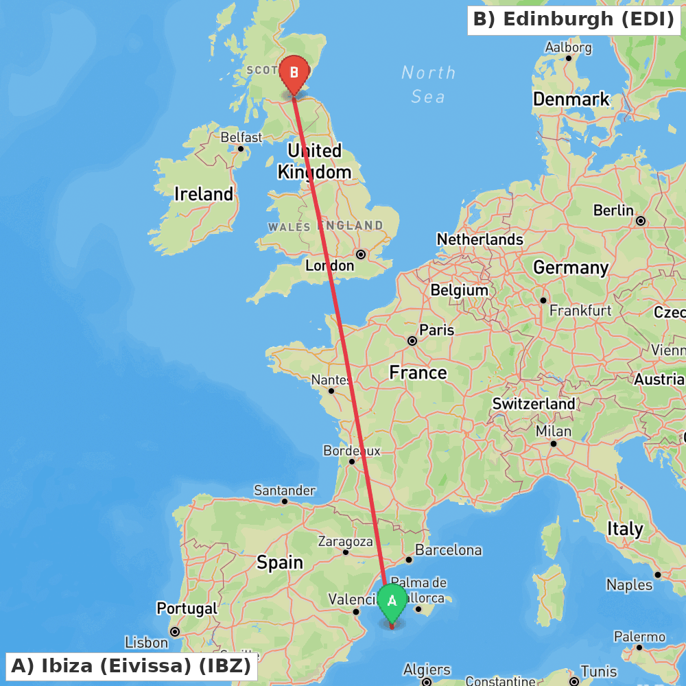 Flight route map from Ibiza (Eivissa) to Edinburgh