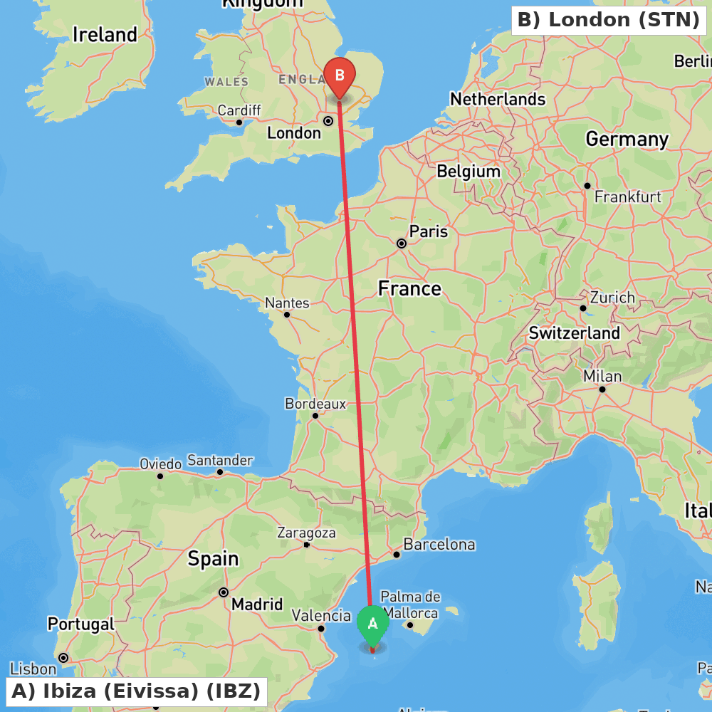 Flight route map from Ibiza (Eivissa) to London