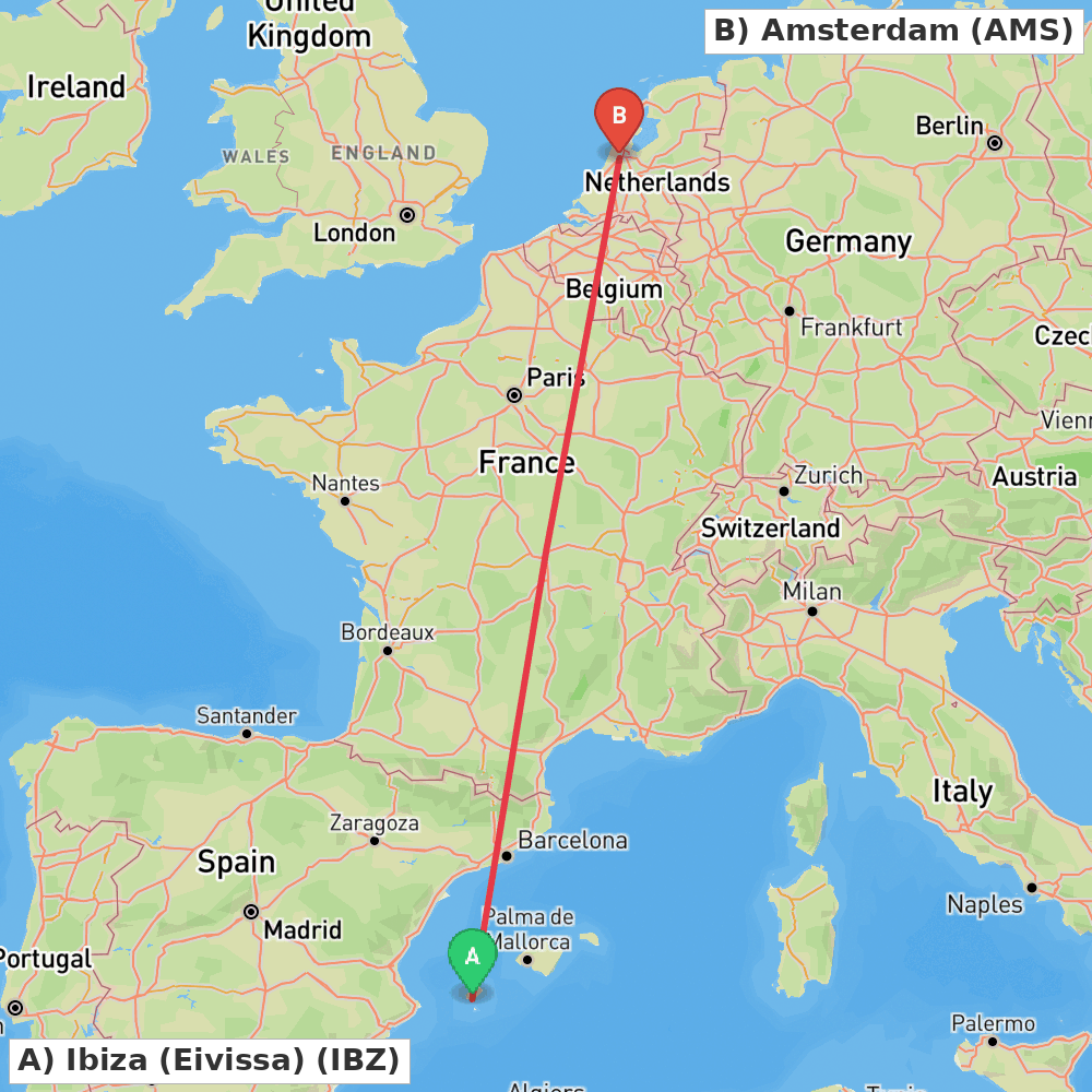 Flight route map from Ibiza (Eivissa) to Amsterdam