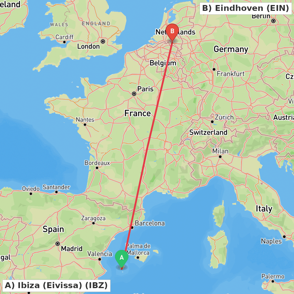 Flight route map from Ibiza (Eivissa) to Eindhoven