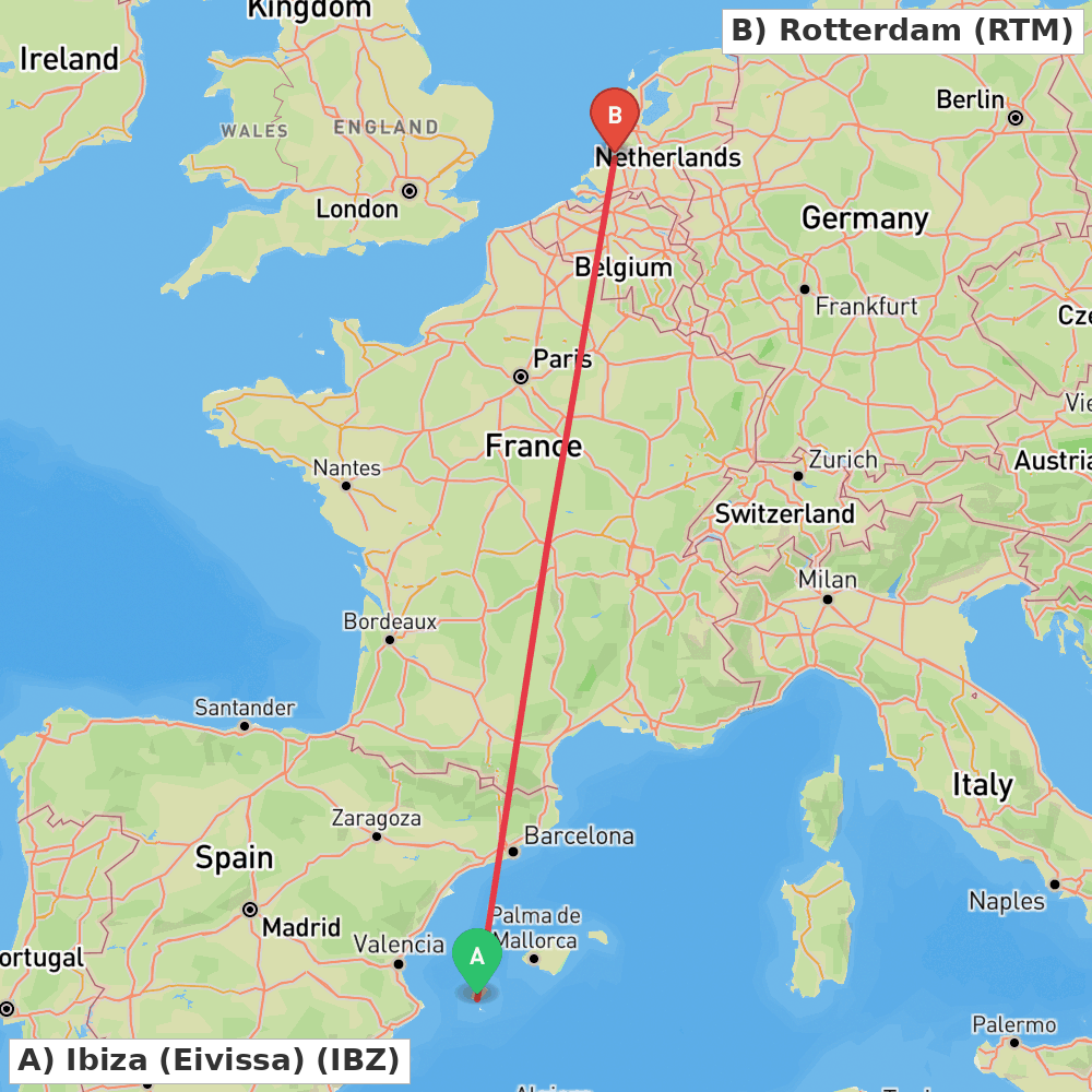 Flight route map from Ibiza (Eivissa) to Rotterdam