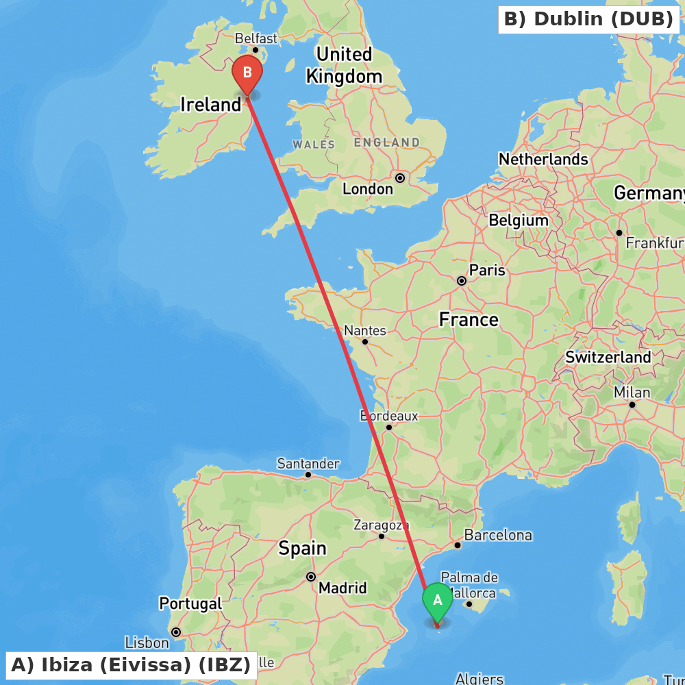 Flight route map from Ibiza (Eivissa) to Dublin