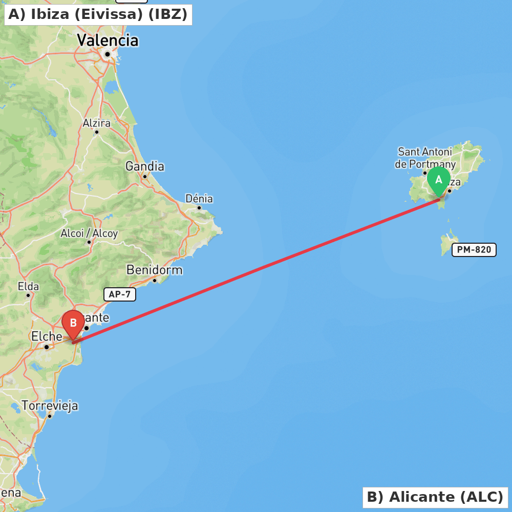 Flight route map from Ibiza (Eivissa) to Alicante