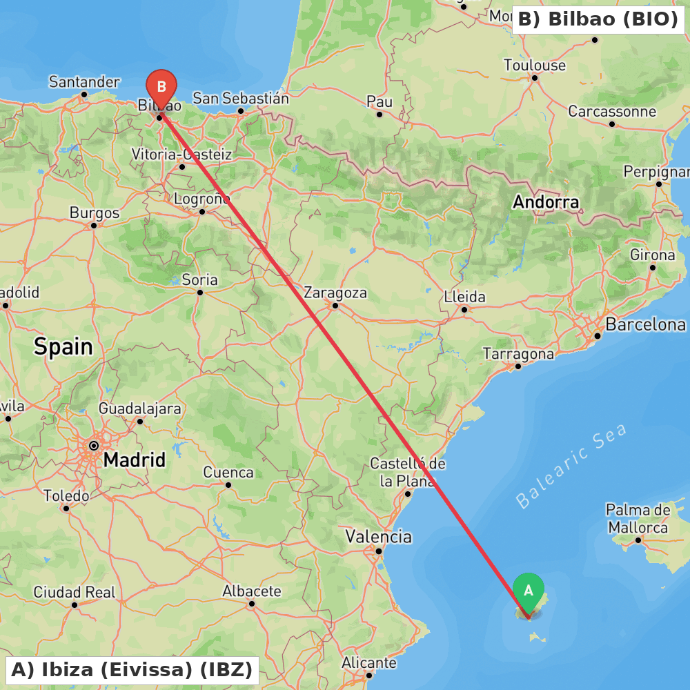 Flight route map from Ibiza (Eivissa) to Bilbao