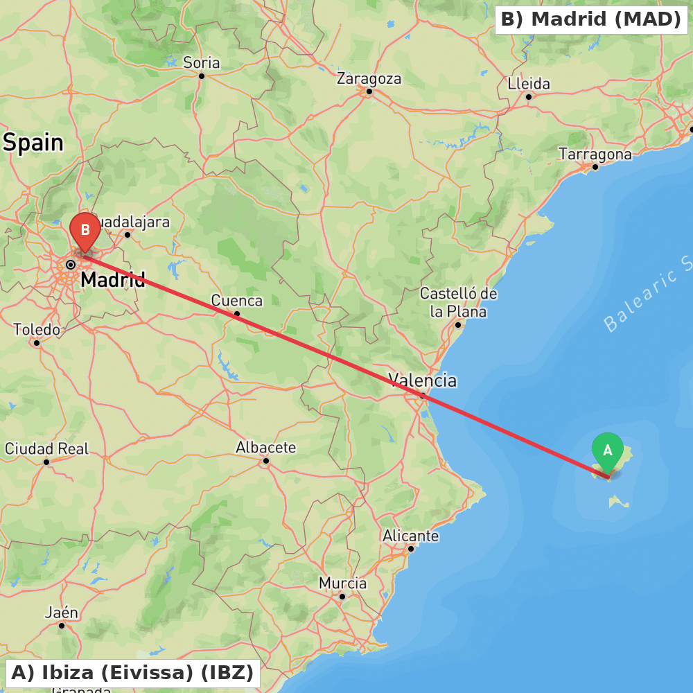 Flight route map from Ibiza (Eivissa) to Madrid