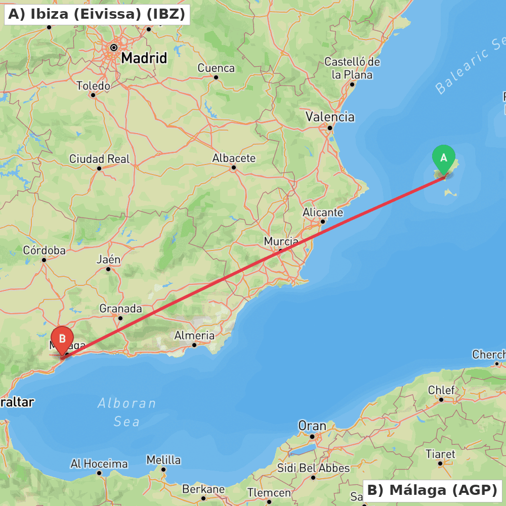 Flight route map from Ibiza (Eivissa) to Málaga