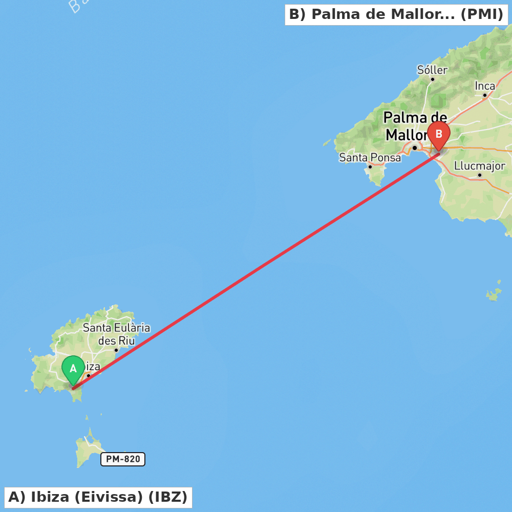 Flight route map from Ibiza (Eivissa) to Palma de Mallorca