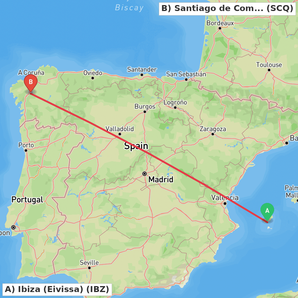 Flight route map from Ibiza (Eivissa) to Santiago de Compostela