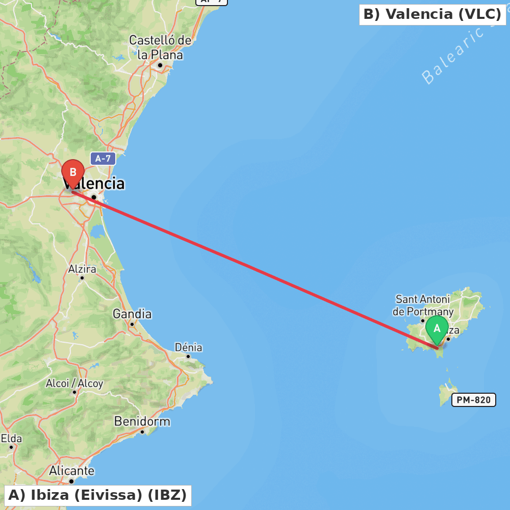 Flight route map from Ibiza (Eivissa) to Valencia