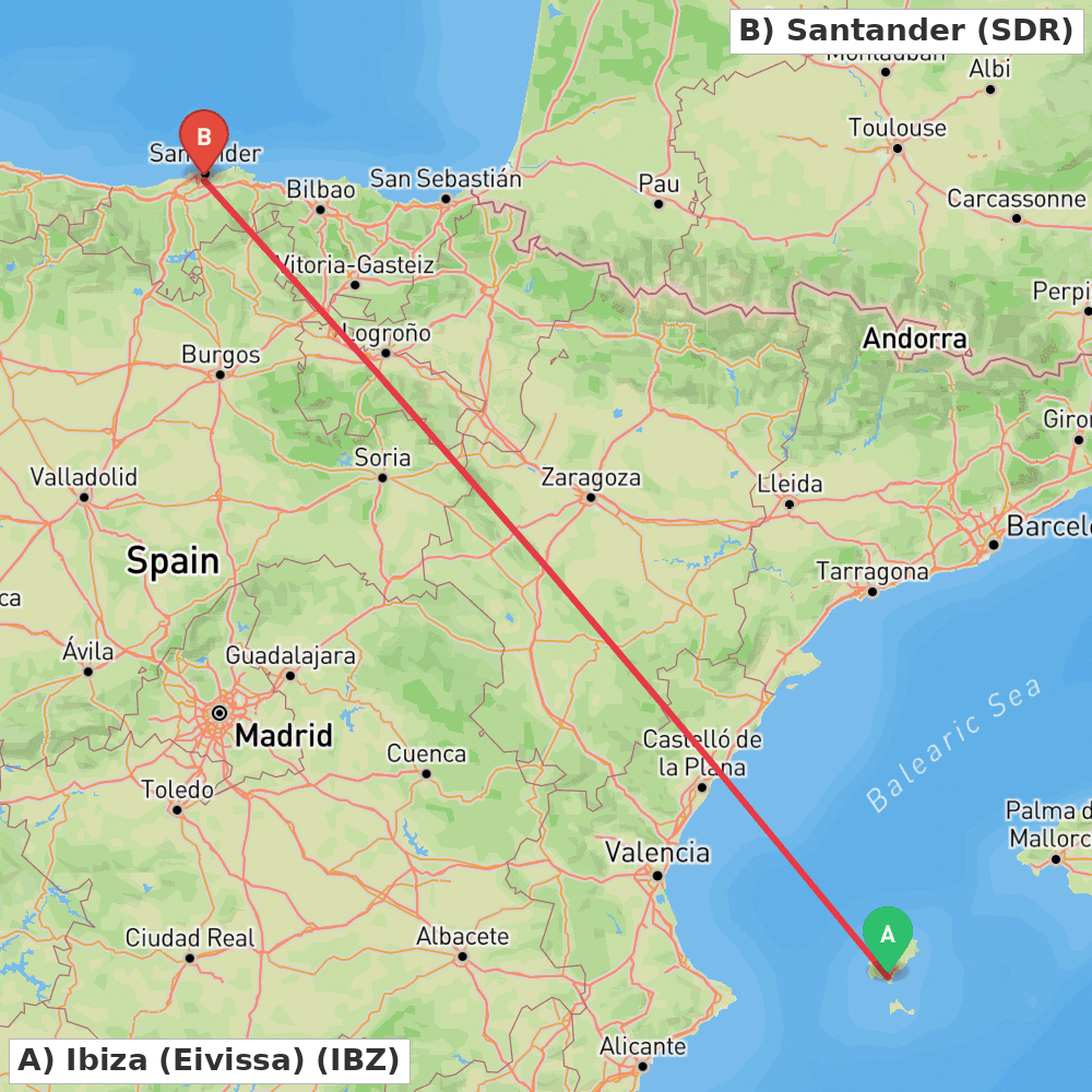 Flight route map from Ibiza (Eivissa) to Santander
