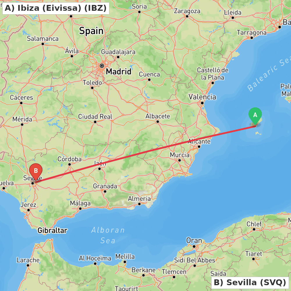 Flight route map from Ibiza (Eivissa) to Sevilla