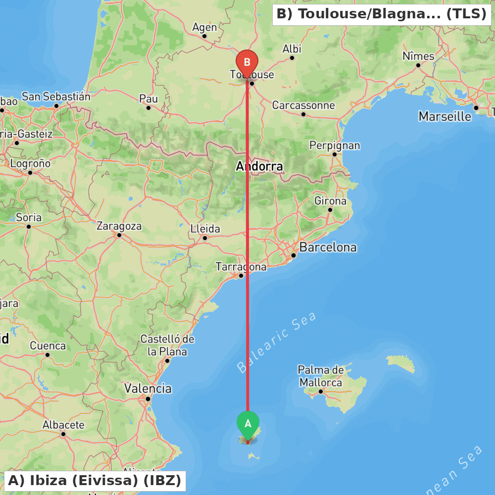 Flight route map from Ibiza (Eivissa) to Toulouse/Blagnac