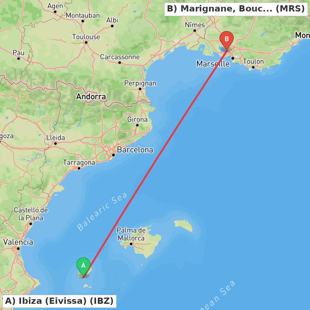 Flight route map from Ibiza (Eivissa) to Marignane, Bouches-du-Rhône