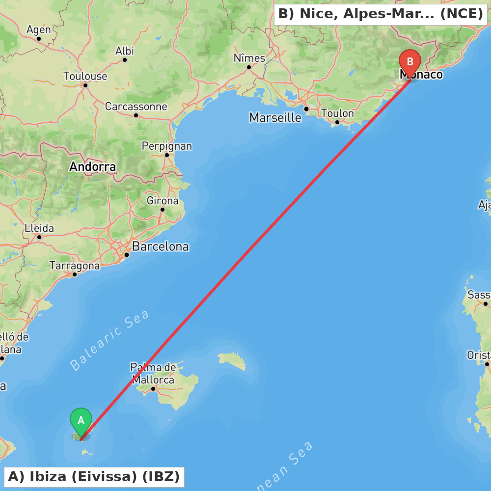 Flight route map from Ibiza (Eivissa) to Nice, Alpes-Maritimes