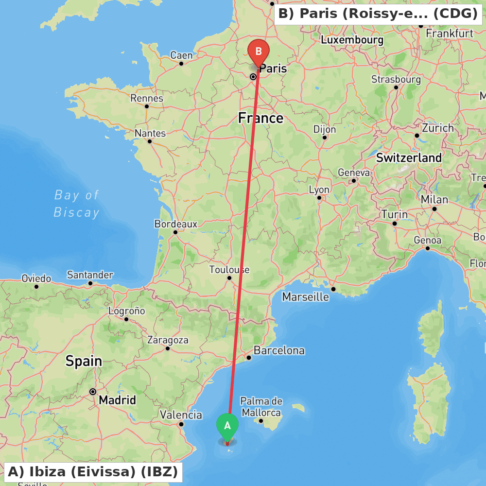 Flight route map from Ibiza (Eivissa) to Paris (Roissy-en-France, Val-d'Oise)