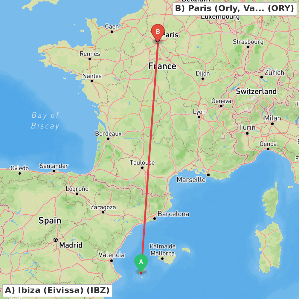 Flight route map from Ibiza (Eivissa) to Paris (Orly, Val-de-Marne)