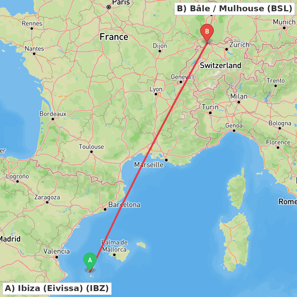 Flight route map from Ibiza (Eivissa) to Bâle / Mulhouse