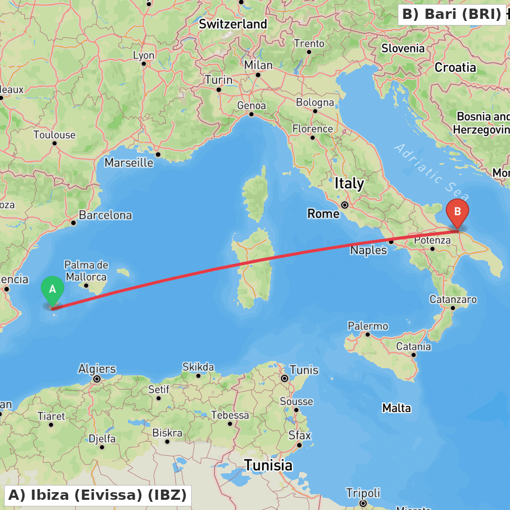 Flight route map from Ibiza (Eivissa) to Bari