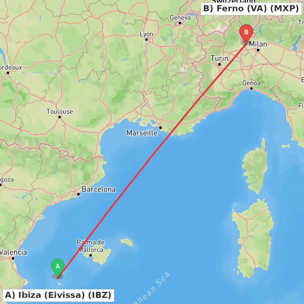Flight route map from Ibiza (Eivissa) to Ferno (VA)