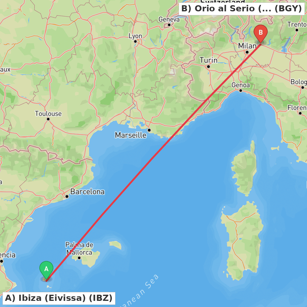 Flight route map from Ibiza (Eivissa) to Orio al Serio (BG)
