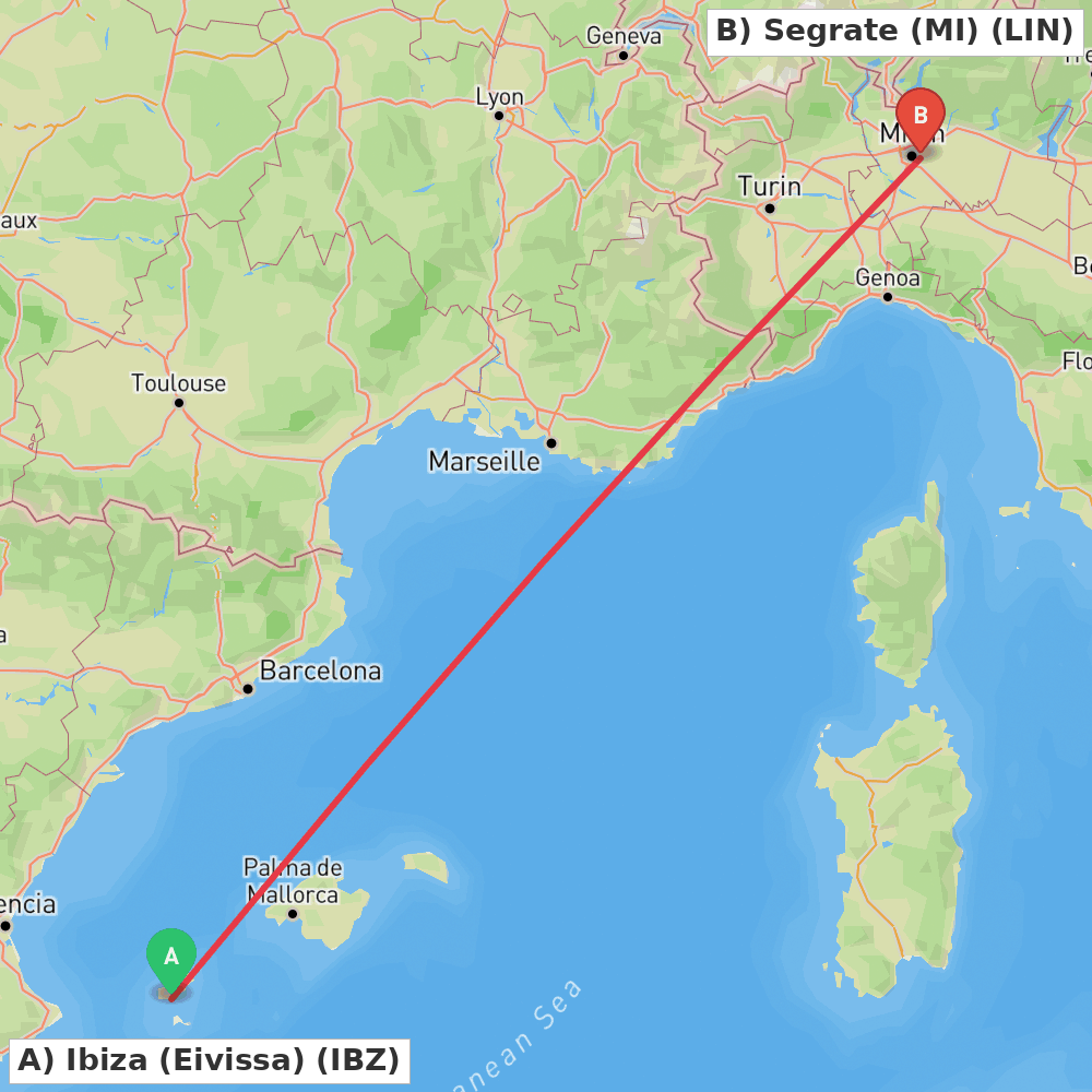 Flight route map from Ibiza (Eivissa) to Segrate (MI)