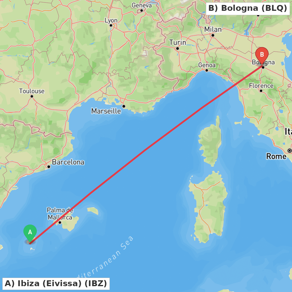 Flight route map from Ibiza (Eivissa) to Bologna