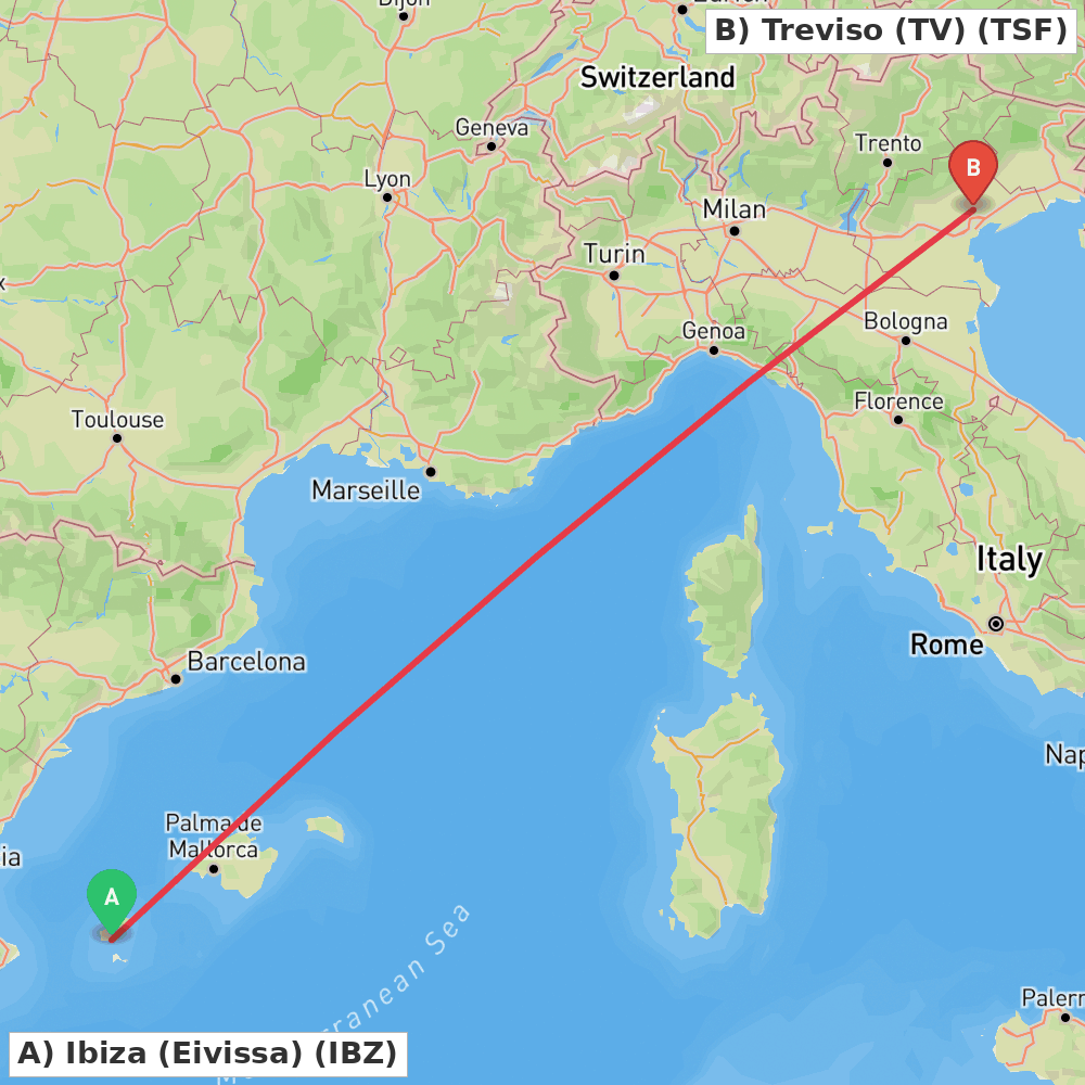Flight route map from Ibiza (Eivissa) to Treviso (TV)