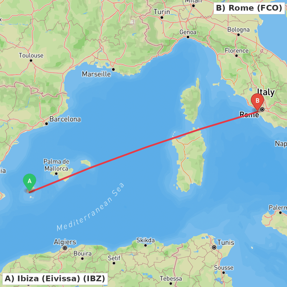 Flight route map from Ibiza (Eivissa) to Rome