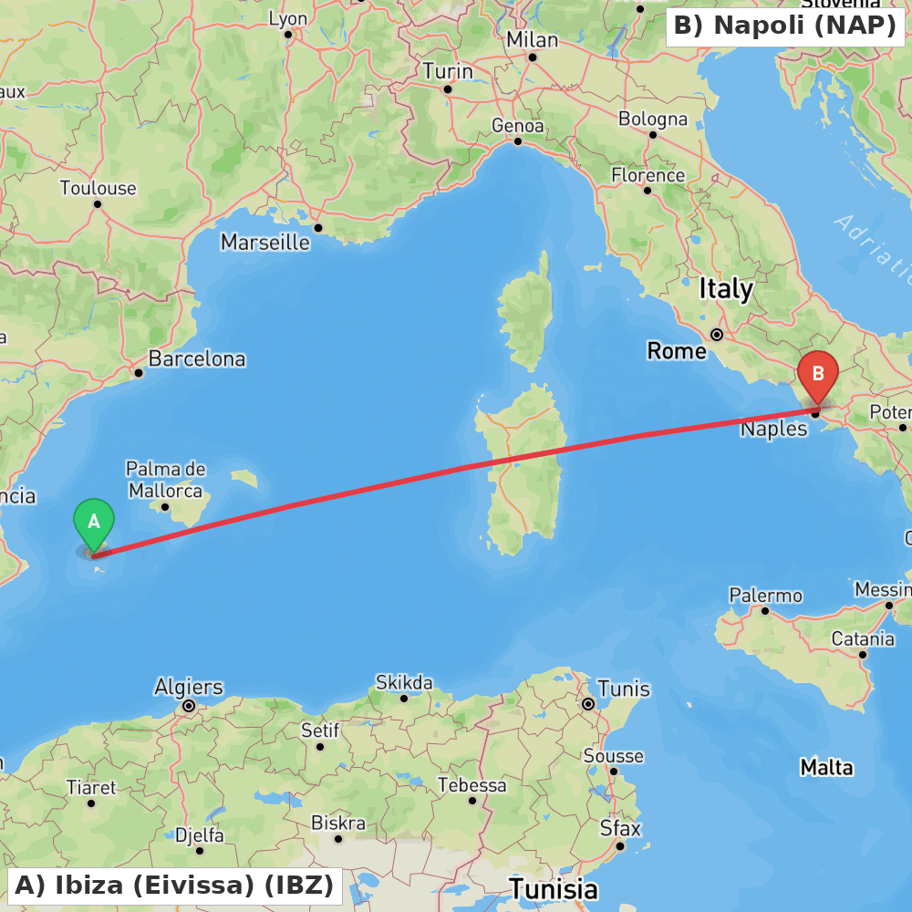 Flight route map from Ibiza (Eivissa) to Napoli